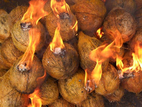 Camphor is lit on coconuts which are waiting to be smashed.