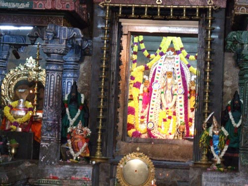 Statues in the Moolasthānam (main shrine of the temple) are decorated.