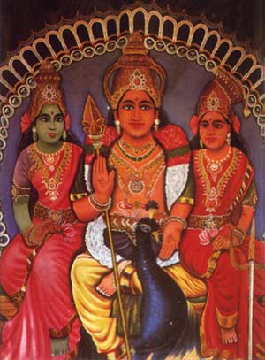 Lord Kataragama Skanda with Valli and Devasena